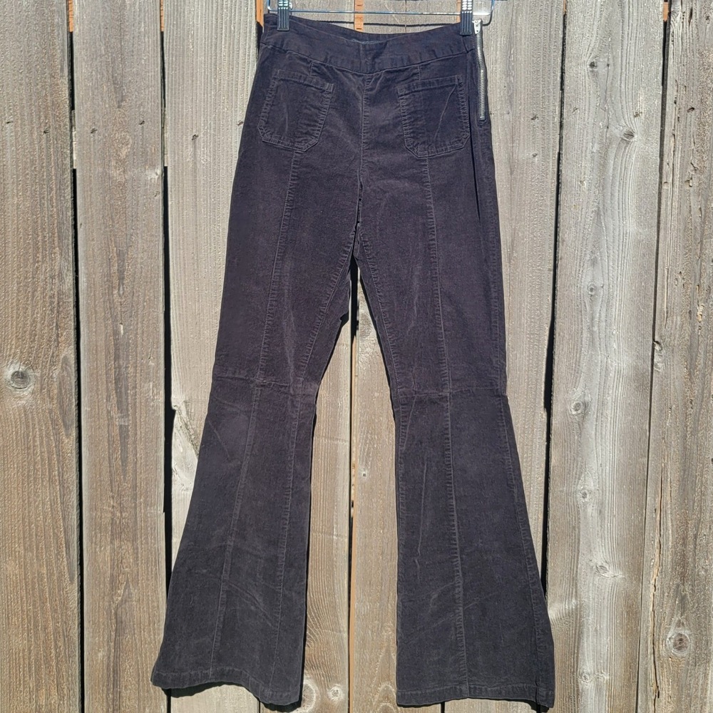 Forever 21 Womens Black Corduroy Flare Pants Side Zip High Rise Boho Retro Sz M